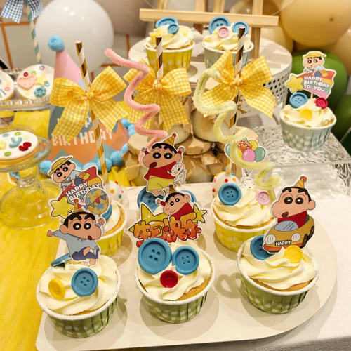 宝宝宴甜品台生日蛋糕装饰插件蜡笔小新主题圆形贴纸布丁瓶慕斯杯 - 图3