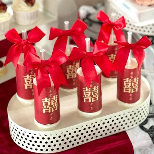 中式订婚宴甜品台装饰wedding吊牌布丁杯绑带双喜推推乐贴纸插件 - 图0