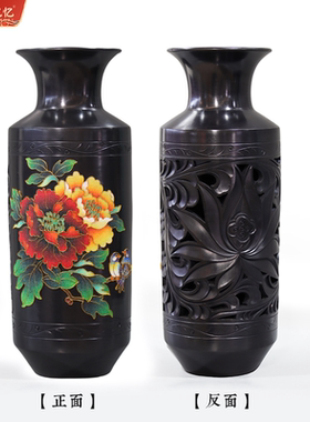 山东非遗章丘黑陶掐丝景泰蓝牡丹赏瓶工艺品花瓶摆件高档礼品中式