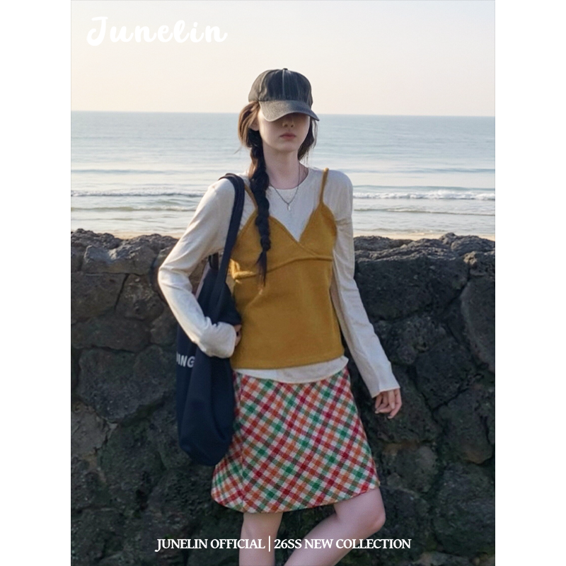 六月林 2026新款甜美少女气质叠穿时尚V领针织吊带长袖内搭两件套,淘宝优惠券,粉丝福利购,淘宝优惠卷