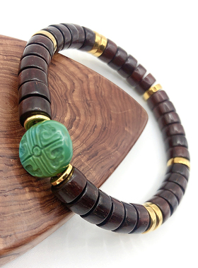 原创特惠小叶紫檀直切手串原矿高瓷绿松福牌顶珠