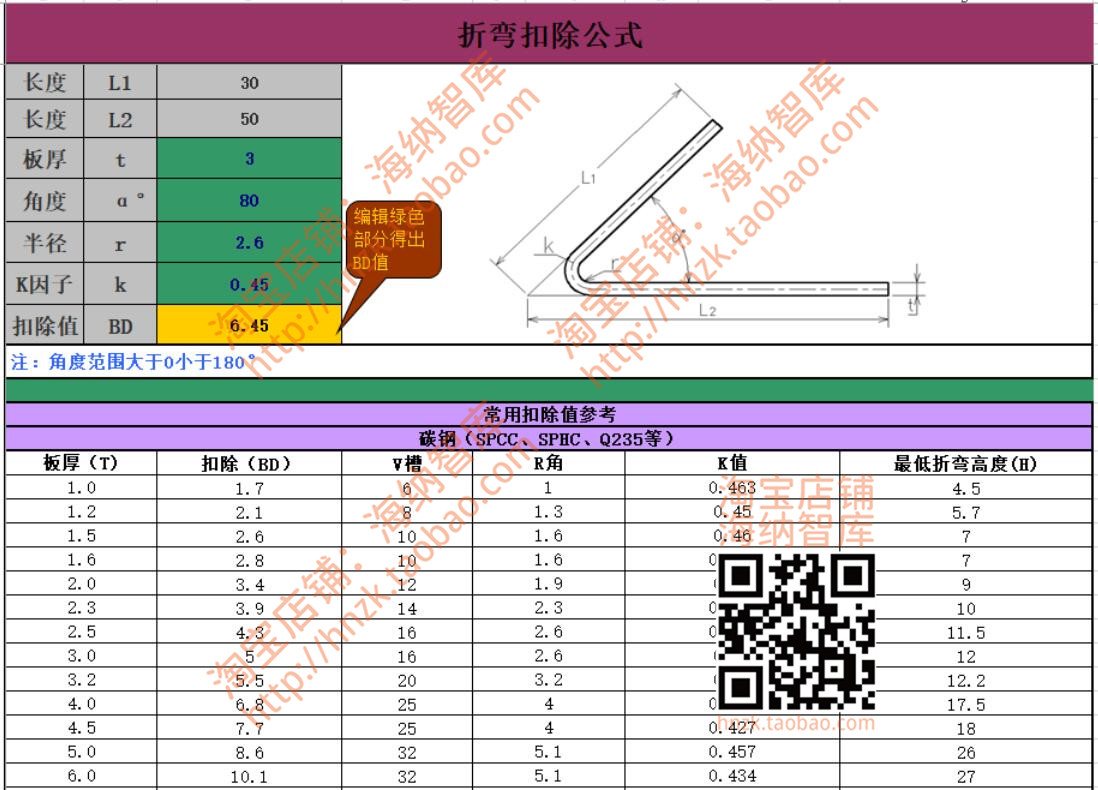 钣金材料设计计算公式excel表格折弯系数表K因子表翻边孔热处理 - 图0