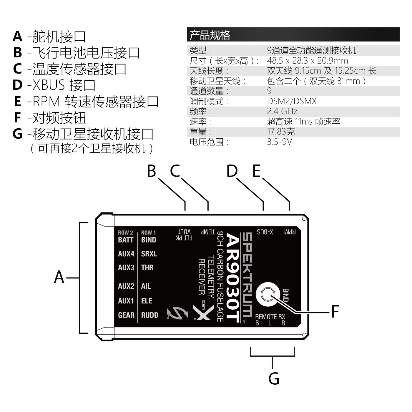 Spektrum世派 AR9030T 9通道接收机内置遥测模块包邮-图0