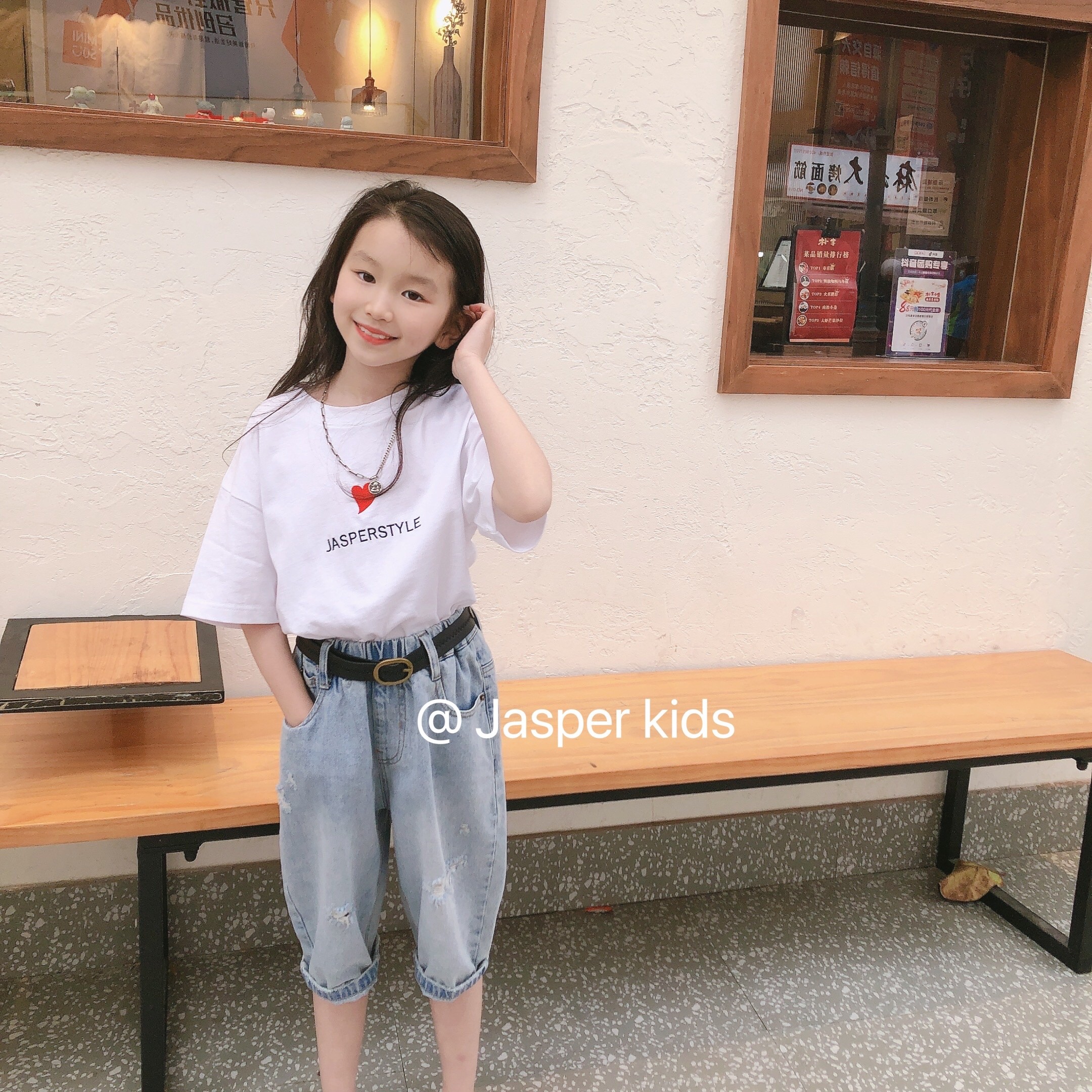 蓝色牛仔七分裤中裤Jasper kids2024春夏季款波拉童装韩国版潮牌-图2