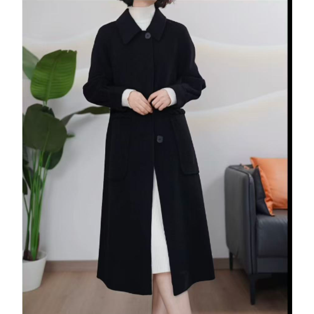 N607 秋冬款时尚高级宽松双面中长款羊毛呢大衣 - 图1