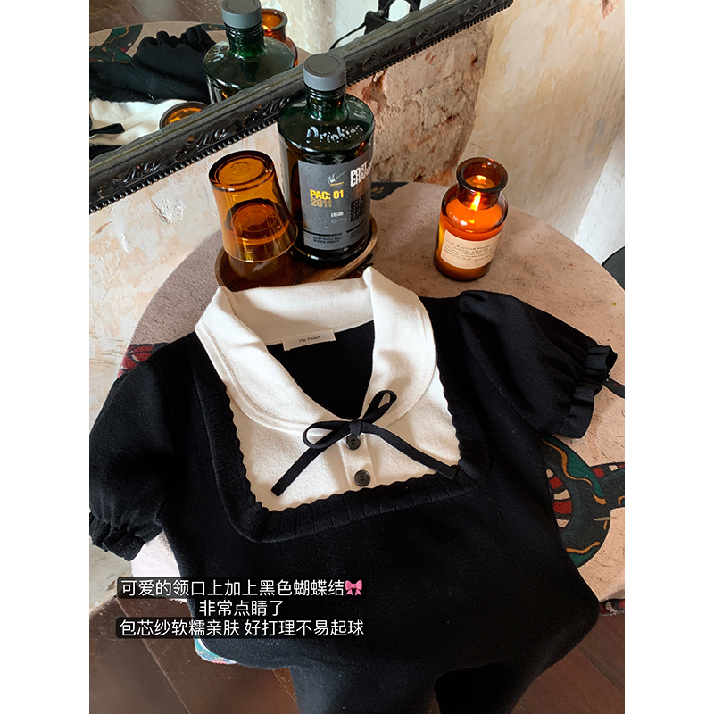 thepeachofficial名媛风气质千金感连衣女娃娃领小黑裙短袖针织裙 - 图1