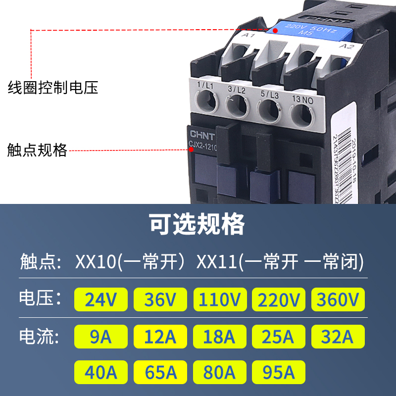 CHNT95正泰65交流A接触器CJX2 09 10 01 12 18 25 32 40 220 380V - 图2