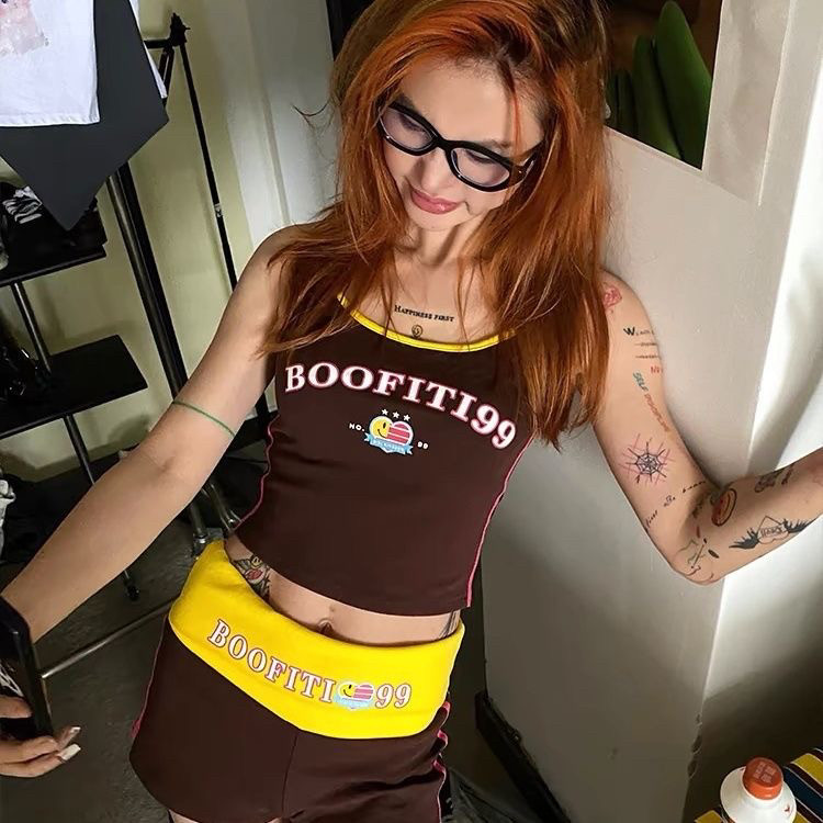 美式复古辣妹风字母印花吊带背心女夏季新款修身显瘦短款套装裤子,淘宝优惠券,粉丝福利购,淘宝优惠卷