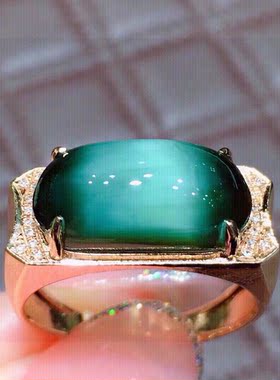 和田玉 猫眼 18k金绿猫眼马鞍戒