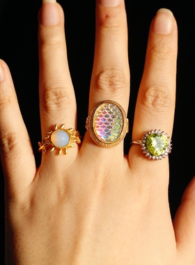 金银满堂|欧美天然石罕见雕刻老琉璃开口活口ins小众设计包邮戒指