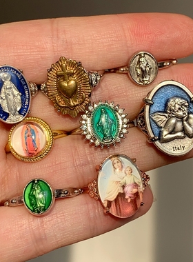 2026圣诞新年|欧美蓝色中复古人像开口可调节十字架戒指vintage