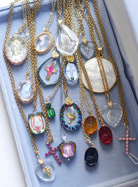 欧美意大利法国西德国玻璃老琉璃吊坠子中古董复古vintage项链