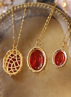 2026新年|欧美西洋回流大红色莱茵石Vintage复古董鸽血红项链吊坠