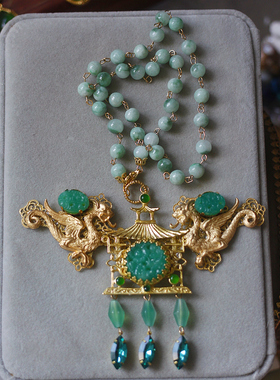 飞龙老琉璃祖母绿翡翠手工项链