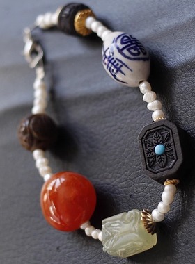 欧美艺术家925银中古A货翡翠松石老琉璃波罗地海琥珀项链vintage