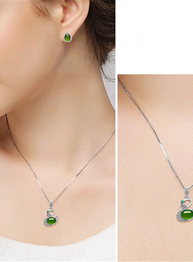 韩版和田玉碧玉吊坠银项链甜美