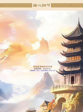 楼台小桥瀑布山水图 书房玄关卷轴挂画 中式复古绢布装饰字画定制