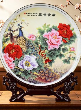 景德镇富贵图孔雀牡丹陶瓷摆件