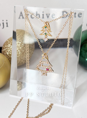 JK14K钢印保色圣诞树彩钻锁骨链