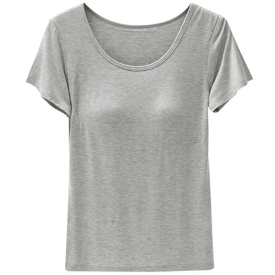 莫代尔短袖t恤睡衣带胸垫女士罩杯一体上衣夏薄T恤半袖大码家居服