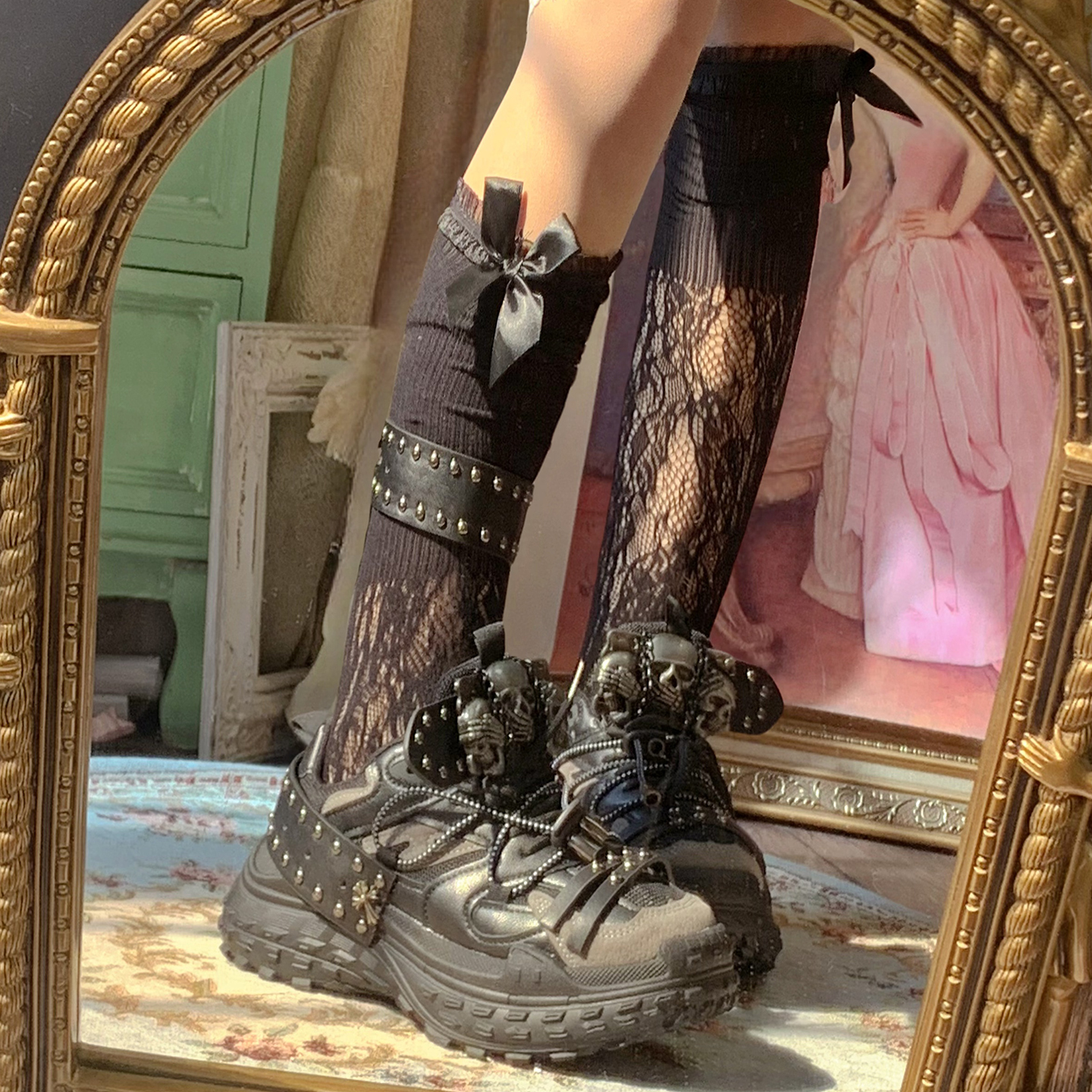 pinkyo原创骷髅头十字架金属朋克风老爹鞋亚文化暗黑系厚底运动鞋 - 图0