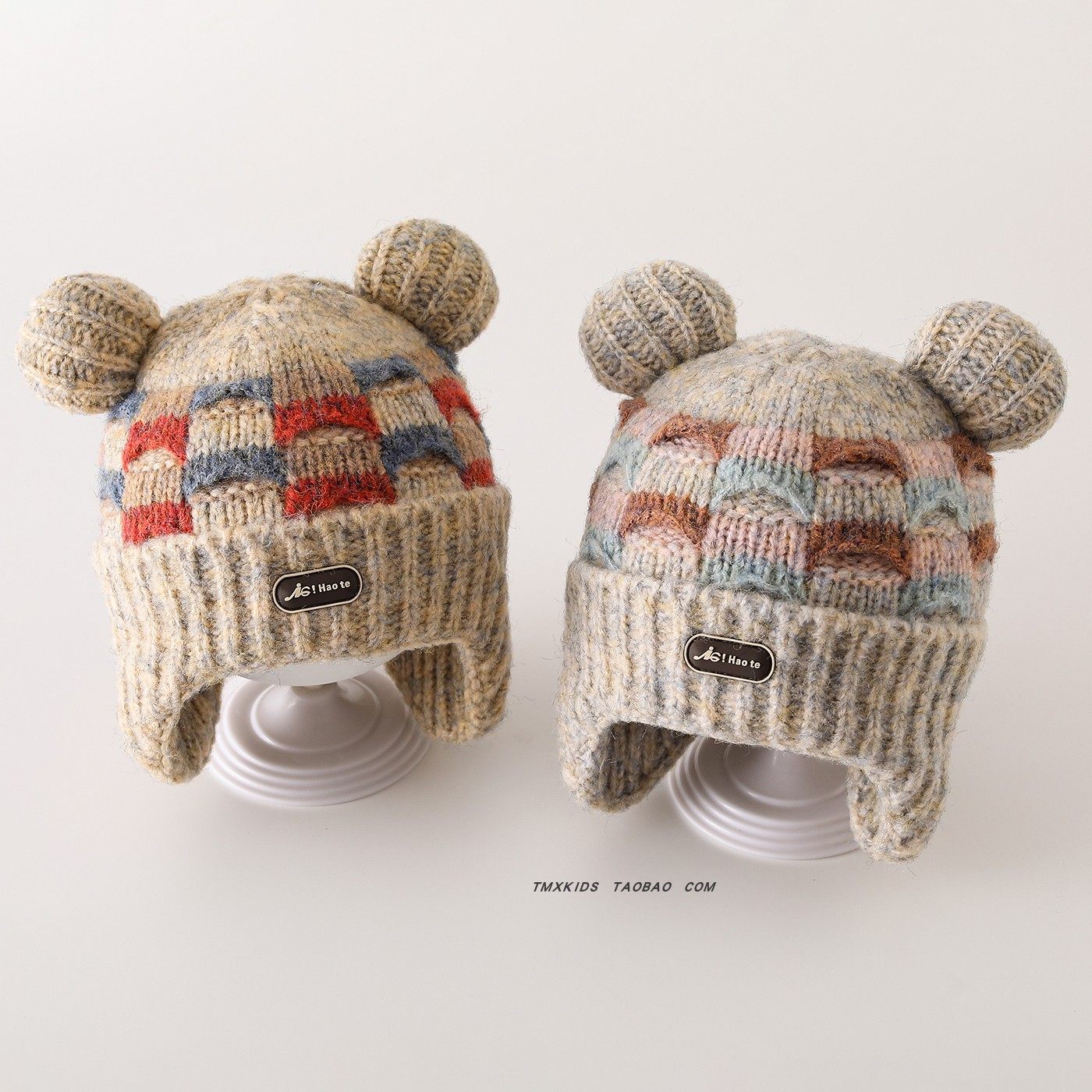 2025儿童帽子冬季毛线帽韩版彩色拼接格子男童女童加厚保暖护耳帽,淘宝优惠券,粉丝福利购,淘宝优惠卷