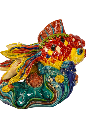 【本尼家】YJ56新中式非遗交趾陶《连年有鱼》玄关装饰桌面摆件