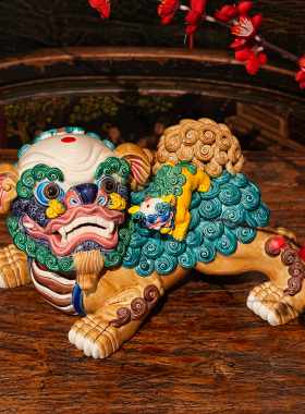 【本尼家】YJ20非遗手工彩釉交趾陶大吉祥双狮桌面玄关摆件