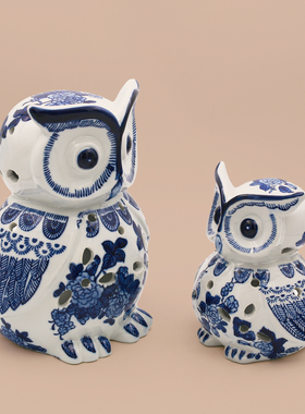 【本尼家】中式青花瓷陶瓷猫头鹰蜡烛台艺术装饰桌面玄关摆件