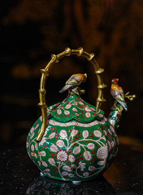 【本尼家】HX92中式高温陶瓷镶铜手绘南瓜茶壶小鸟提壶桌面摆件