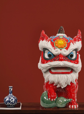 【本尼家】非遗手工石湾陶塑技艺中式陶瓷红色狮子桌面玄关摆件