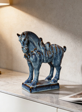 【本尼家】AM103非遗手工石湾陶窑变《钧蓝唐马》玄关装饰摆件