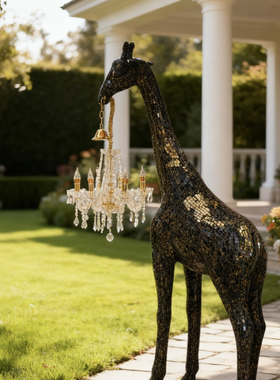 【本尼家】现代艺术黑金色长颈鹿落地灯创意玻璃钢雕塑立灯装饰