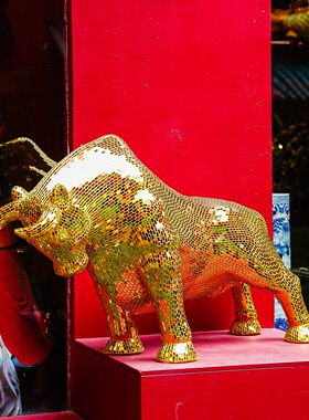 【本尼家】金色大号马赛克手工贴片斗牛装饰客厅庭院落地摆件