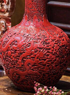 【本尼家】GY12中式陶瓷红釉龙纹手工雕刻高档花瓶天球瓶玄关摆件