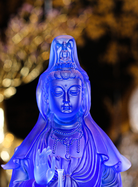 【本尼家】LL21非遗好物古法琉璃蓝色莲花观音家居桌面玄关摆件