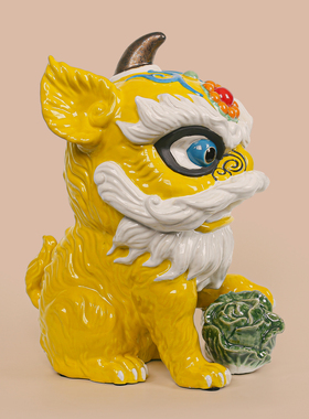 【本尼家】非遗手工石湾陶塑技艺中式陶瓷黄色狮子桌面玄关摆件