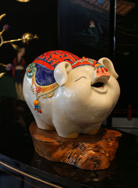 【本尼家】非遗手工石湾陶瓷《八方来财》开心猪中式家居玄关摆件