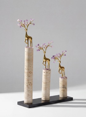 【本尼家】HY160中式紫水晶鹿《一路繁花》客厅装饰玄关桌面摆件