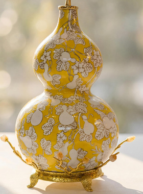 【本尼家】HY144中式手绘黄水晶葫芦发财树家居装饰玄关桌面摆件