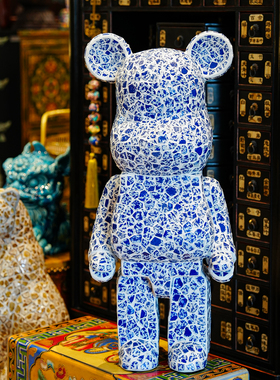 【本尼家】马赛克青花瓷手工贴片装饰家居客厅玄关摆件暴力熊
