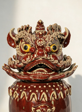 【本尼家】中式红色狮头高温瓷高档鼓上狮艺术装饰玄关摆件