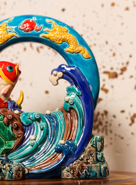 【本尼家】J39非遗手工彩釉交趾陶《鲤鱼跃龙门》装饰玄关摆件
