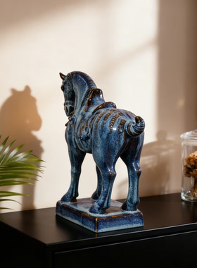【本尼家】AM103非遗手工石湾陶窑变《钧蓝唐马》玄关装饰摆件