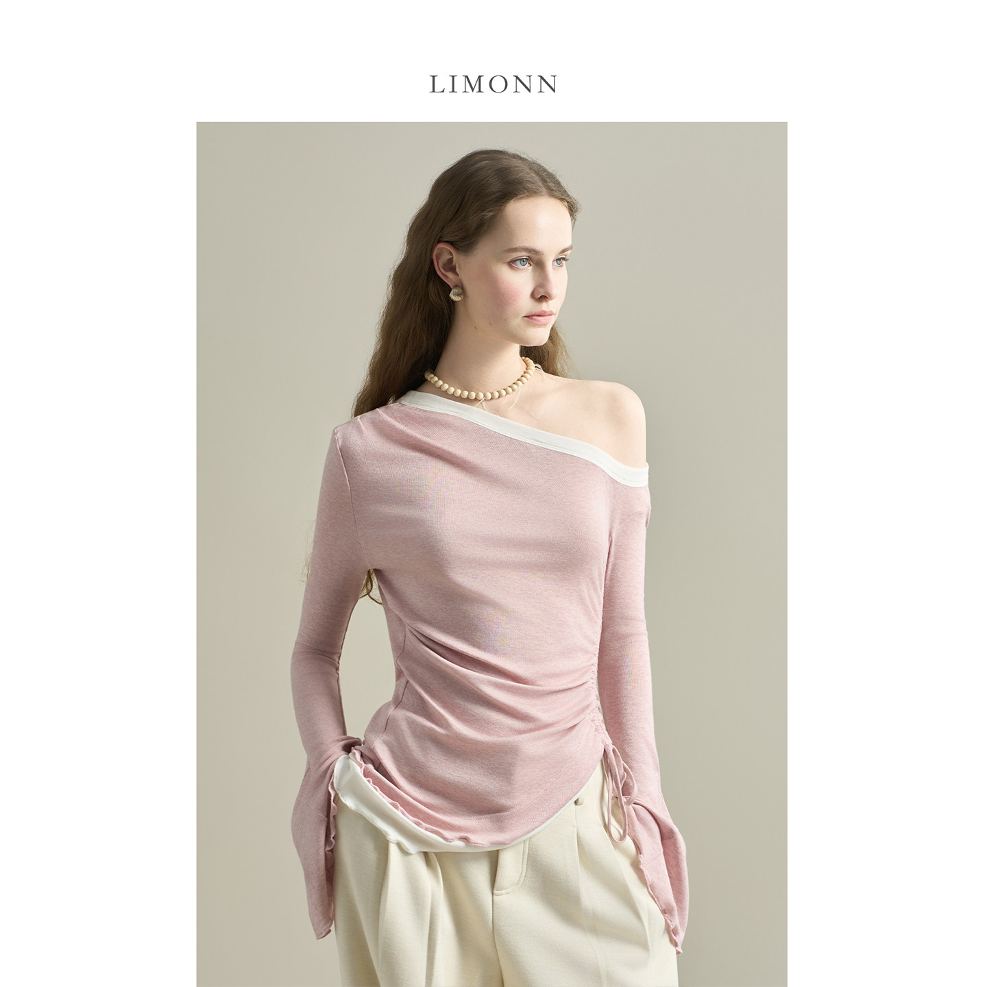 LIMONN绝美温柔一字肩假两件上衣女喇叭袖侧边抽绳打底T恤内搭冬,淘宝优惠券,粉丝福利购,淘宝优惠卷