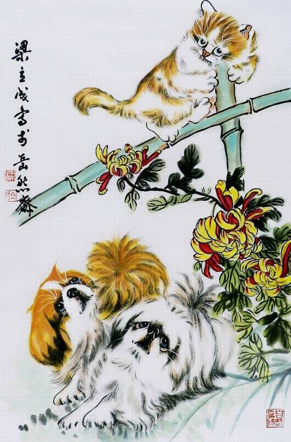 猫狗国画装饰画客厅走廊手绘字画四开三走兽动物画十二生肖45GG