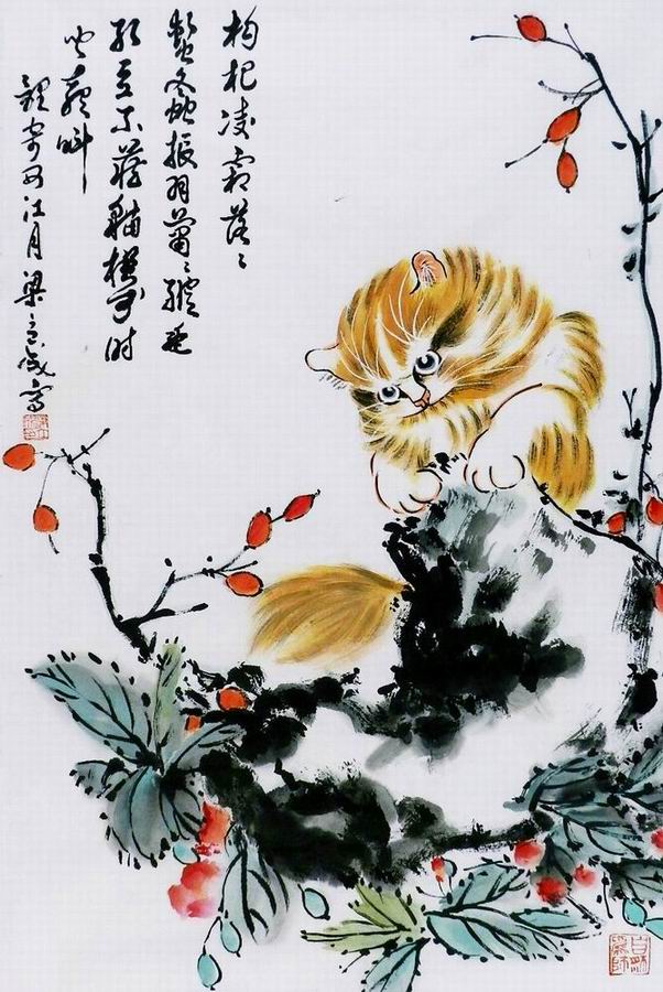 猫狗国画装饰画客厅走廊手绘字画四开三走兽动物画十二生肖45GG