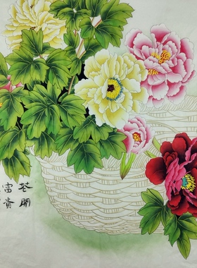 手工手绘装饰画工笔画牡丹鸡国画