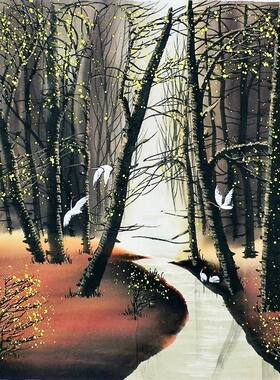 纯手绘四尺山水仙鹤风景斗方国画