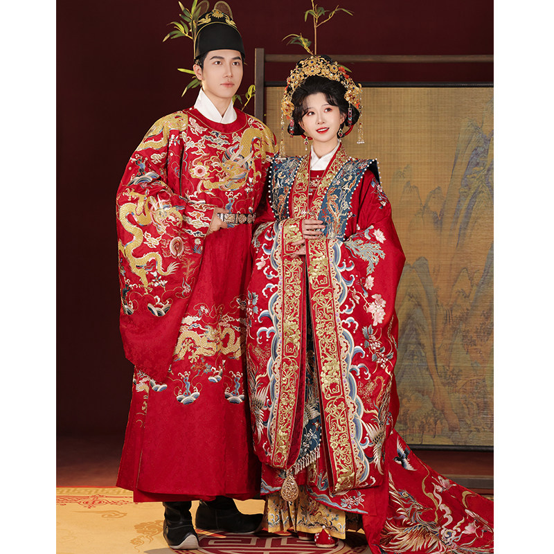 桃花序【百鸟朝凤】明制婚服重工中式嫁衣凤冠霞帔汉服男女款全套,淘宝优惠券,粉丝福利购,淘宝优惠卷